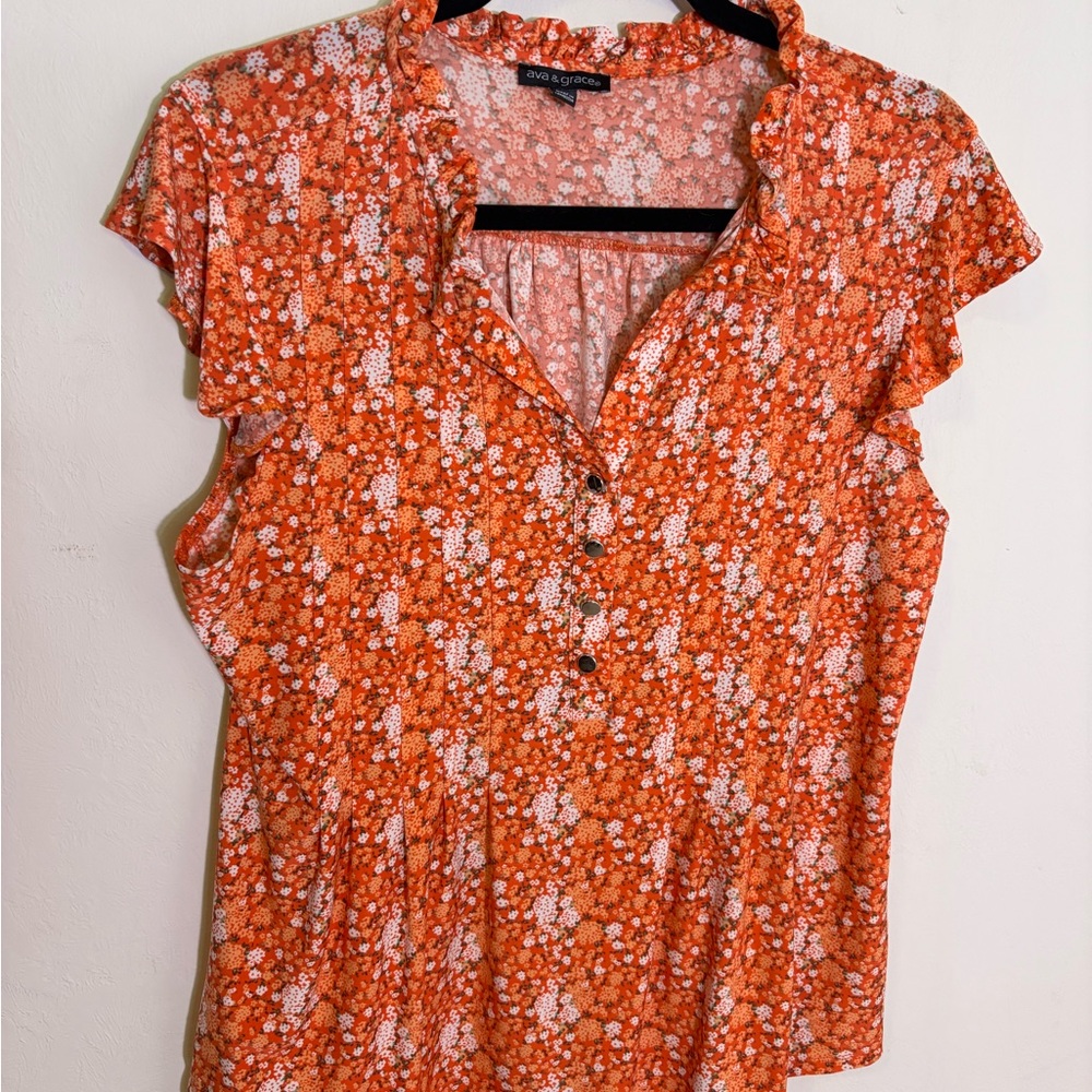 Ava & Grace Orange Floral Ruffle-Sleeve Button Top